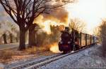 Zug aus Feuer und Eis. 1.Januar 2003. Das Jahr beginnt mit Dampftraumwetter. Minus 15 Grad und volle Sonne, leider fr den ersten Zug aus Ghren aus der falschen Richtung. Versuch macht klug. Bis Sellin bin ich auf rutschigen Strassen gekommen und sehe hier nur die Mglichkeit, was im Gegenlicht zu machen. Das Warten ist zwar sehr unangenehm wegen des Frostes aber der Kopf kann das nach der Silvesterfeier gebrauchen. Zuviel Gegenlicht ist aber auch problematisch. Ich finde einen Baum, hinter den ich mich stellen kann. Probieren geht ber studieren..., naja, geht doch ... Aber wie kommt diese merkwrdige km-Bezeichnung auf den Kilometerstein ? Hat man von Altefhr gezhlt ? Das Bild ist auch bei der PRESS eingeordnet, die die Betriebsfhrung hier bernommen hat. Damals war das nocht nicht der Fall.
Mehr vom Feuerzug:http://www.bahnmotive.de/europa/deutschland/putbus_goehren/seite_feuer_eis.htm