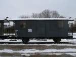 Zweiachsiger Gepckwagen war im Einsatz auf der Schmalspurstrecke Bergen/Rgen-Altenkirchen abgestellt in Putbus.Aufgenommen am 17.Februar 2013.