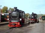 Am 4.10. 2013 im Bahnhof von Putbus/Rgen , die fr den regulren Zugbetrieb vorgesehene 99 1782-4 und im Hintergrund die fr Sonderfahrten vorgesehene 
99 1608-1