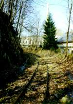 Einige Meter Gleis der Wilischthalbahn sind am 03.04.01 noch vorhanden. einige Meter nach der Kuve liegt der Anschlu Papierfabrik Wilischthal, der bis Augus 1992 noch bedient wurde.