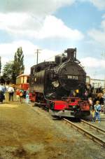 99 713 in Zittau anllich einer Fahrzeugausstellung 1990, dahinter der Triebwagen