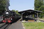 99 749 mit ihrem Zug nach Jonsdorf im Schmalspurbahnhof Zittau, 7.7.14.