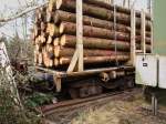 Entgleist! Ein mit Langholz beladener 4achser Rungenwagen steht am 15.01.2011 im Stolberger Bahnhof und hat einen Scherenprellbock mehrere Meter in die dahinterliegende Landschaft geschoben.