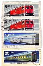 Briefmarken aus der Sammlung der Enkel , abgestempelt 15.06.1973 , zeigen damals moderne Fahrzeuge des DDR Schienenfahrzeugbaus.Die E11 aus Henningsdorf, einen Maschinenkühlwagen aus Dessau und