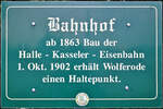 Mit dem Fahrrad von Kassel nach Halle (Saale) | Tag 5 Blankenheim–Zscherben
Strecken-km: 41,5

Dieses Informationsschild steht am Haltepunkt (nicht Bahnhof) Wolferode und gibt die wichtigsten historischen Daten zur Strecke preis.

🧰 Heimatverein Wolferode e.V.
🕓 19.8.2022 | 11:03 Uhr