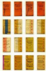 Edmonson'sche Fahrkarten der Deutschen Bundesbahn aus den 1970er Jahren: In der ersten Reihe ermäßigte Fahrkarten für Wehrdienstleistende, darunter verschiedene Fahrkarten aus den
