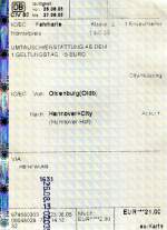 OLDENBURG, 26.08.2005, Fahrkarte für eine einfache Fahrt von Oldenburg/Oldb. nach Hannover, gelöst am Automaten im Hauptbahnhof Oldenburg/Oldb. -- Fahrkarte eingescannt