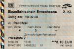RADOLFZELL am Bodensee (Landkreis Konstanz), 19.09.2009, Einzelfahrschein im Verkehrsverbund Hegau-Bodensee für eine Fahrt von Radolfzell nach Konstanz (Preisstufe 2), gelöst am Automaten im