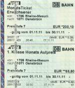 RHEINE (Kreis Steinfurt), 07.11.2011, Monatsfahrkarte der Verkehrsgemeinschaft Münsterland (VGM) für die Preisstufe 7 von Rheine-Mesum nach Osnabrück mit Zusatzticket für die 1.
