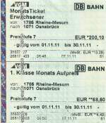 RHEINE (Kreis Steinfurt), 07.11.2011, Monatsfahrkarte der Verkehrsgemeinschaft Münsterland (VGM) für die Preisstufe 7 von Rheine-Mesum nach Osnabrück mit Zusatzticket für die 1. Klasse -- Fahrkarten eingescannt

