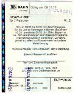 Bayern-Ticket fr 2 Personen, gelst am 06.01.13 im Hofer Hauptbahnhof (Originalbeleg).