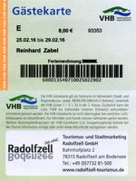 RADOLFZELL am Bodensee (Landkreis Konstanz), 25.02.2016, Gästekarte der Stadt Radolfzell am Bodensee (abgegolten mit der Kurtaxe in Höhe von 2,-- EUR/Tag/Person); sie berechtigt u.a.
