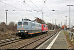 Überraschende Sichtung:  151 165-8 mit 151 101-3 der Saar-Rail GmbH (Saarstahl AG) als Lokzug durchfährt, fernab der Heimat, den Bahnhof Angersdorf auf der Bahnstrecke Halle–Hann.