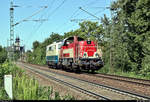 Nachschuss auf 265 300-4 (V 180 | Voith Gravita 15L BB) der Hohenzollerischen Landesbahn (HzL | Südwestdeutsche Landesverkehrs-AG (SWEG)), die von 111 025-3 der Train4Train GmbH nahe Bruchsal Schlachthof auf der Bahnstrecke Bietigheim-Bissingen–Bruchsal (Westbahn (Württemberg) | KBS 770) Richtung Bruchsal gezogen wird.
[30.7.2020 | 12:40 Uhr]