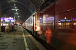 181 205-6 fhrt an den EC 360 von Mnchen Hbf nach Strasbourg.Am 05.02.10 beim Halt in Karlsruhe Hbf.