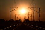 Im Licht der untergehenden Sonne. Blick vom Bahnübergang aus in Richtung der Einfahrsignale von Güterglück.

Güterglück 18.07.2023
