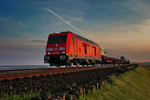 In der abendlichen Stimmung fährt die Diesellokomotive 245 025 mit dem Sylt Shuttlezug bei Morsum vorüber.Bild vom 18.5.2016