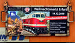 Blick auf ein Zuglaufschild des Sonderzuges der Eisenbahnfreunde Traditionsbahnbetriebswerk Staßfurt e.V.