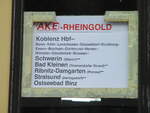 Zuglaufschild für den TEE Rheingold,am 25.August 2022,in Binz.
