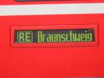 Zuglaufschild des RE nach Braunschweig