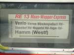 Das Zuglaufschild des RE 13, der noch bis zum Fahrplanwechsel von der DB Regio mit n-Wagen und Br 111 gefahren wird.