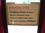 Zuglaufschild des IC 2115 von Hamburg-Altona nach Stuttgart Hbf.