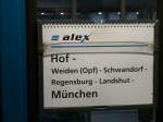 Zuglaufschild des Alex Hof-Mnchen am 22.09.2013.


