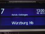 Gemnden am Main. Der RE hatte auf Grund von  Verzgerungen im Betriebsablauf  5 Minuten Versptung. Am Wochenende werden die Zge von vielen Fahrradfahrern genutzt, was immer wieder zu Versptungen fhrt. 