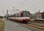 Stadtbahnwagen der Rheinbahn Nr. 4280 der auf der Linie U74 nach Dsseldorf Benrath von dieser Station in Osterath Grgesheide startet. Vielen Dank an den netten Fahrzeugfhrer, der extra langsam aus dem Abstellgleis in die Strecke fuhr fr den Fotografen. 23.3.2013