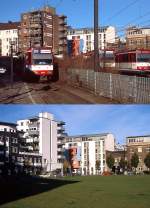 Der Bereich östlich des Düsseldorfer Hauptbahnhofes einst & jetzt: Oben erreicht ein Zug der Linie U 77 um 2000 aus der Kölner Straße kommend die Haltestelle Stahlwerkstraße (rechts die Abstellgleise für die im Hauptbahnhof endenden Züge), unten vom gleichen Standpunkt die Situation im Jahre 2012.