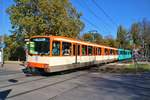 VGF Düwag U3 Wagen 151+4xx am 13.10.18 zur U3 Wagen Abschiedsfahrt in Frankfurt am Main Schäfflestraße von einen Gehweg aus fotografiert