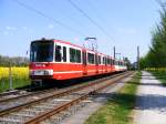 Eine Doppeltraktion aus Stadtbahnwagen B der Dortmunder Stadtwerke zwischen Dortmund-Obernette und Westerfilde als Zug der Linie U47 nach Westerfilde am 09.