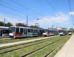 Alle Partnerstädte U-Bahn Werbewagen der VGF nebeneinander. Bombardier U5-25 Wagen 693,686,679 und 667 am 07.07.18 in Frankfurt am Main bei einer Besichtigung wo man sich frei auf abgesperrten Gelände aufhalten konnte