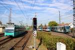 VGF Siemens U4 Wagen 504 trifft auf Bombardier U5-25 Wagen 675, 625 und 696 in Frankfurt am Main Heddernheim vom Bahnsteig aus fotografiert