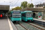 VGF Düwag U4 Wagen 510 und Bombardier U5-50 Wagen 842 am 05.10.19 in Frankfurt Heddernheim 