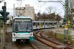 VGF Bombardier Flexity Swift U5-50 Wagen 879 am 03.02.24 in Frankfurt Industriehof