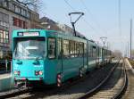VGF Düwag Ptb Wagen 741 am 18.03.16 in Frankfurt am Main Eckenheim auf der Linie U5 von einen Gehweg aus fotografiert wo die Strecke eine 90° Kurve macht.