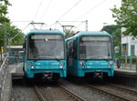 VGF Bombardier U5-50 Wagen 866 und U5-25 Wagen 654 am 25.05.16 in Frankfurt Enkheim
