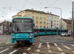 VGF Bombardier U5-25 Wagen 656 am 14.01.17 in Frankfurt am Main Eckenheim beim Ausrücken aus dem Betriebshof. Fotografiert von einen Gehweg