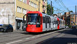 Neufahrzeug HF6 5327 (geliefert am 01.09.2023) während der ersten Fahrt auf öffentlichen Kölner Gleisen auf der Neusser Straße am 04.09.2023.