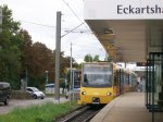 TW 3329/3330 der SSB-AG als U6 Fasenhof Kurs: 06-02 am 18.09.2011 beim Halt am Eckhardshaldenweg (Pragfiredhof) in Stuttgart-Mitte. (Mineralbad Leuze - Werbung.)
