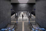 Museumsinsel - Drei neue U-Bahnhöfe in Berlin -     Gelangt man auf der Treppe weiter nach unten öffnet sich der Blick auf den dreischiffigen Bahnsteigbereich.