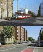 Die Kölner Straße in Düsseldorf zwischen Oberbilker Markt und Worringer Platz im Juni 1988 und am 31.05.2023: Auf der oberen Aufnahme fahren der GT8SU 3216 und ein weiterer GT8SU in Richtung Hauptbahnhof, heute erinnert nichts mehr an die Straßenbahn, dafür steht den Radfahrern eine eigene Spur zur Verfügung.