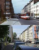 Noch einmal ein Blick in die Kölner Straße, diesmal in Richtung Worringer Platz: Auf der oberen Aufnahme fährt im Juni 1988 ein GT8SU-Doppel, vorne der GT8SU 3217 nach Süden, darunter ein Bild vom 31.05.2023. Das Fussballsymbol links oben am Triebwagen verweist darauf, dass der Zug auf der Rückfahrt zum Rheinstadion verkehrt, denn zu diesem Zeitpunkt fanden dort einige Spiele der Fussball-Europameisterschaft statt. Im Vordergrund ist das zum Tunnelbahnhof im Hauptbahnhof abzweigende Gleis erkennbar.