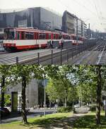 Die Düsseldorfer Heinrich-Heine-Allee einst und jetzt: Oben taucht Anfang 1988 ein B80-Doppel, vorne der B80 4010, aus Kaiserswerh kommend aus dem U-Bahn-Tunnel, der am 03.10.1981 in Betrieb ging, auf, daneben das Gleis der aus dem Linksrheinischen kommenden Linien. Die Rampe verschwand mit der Inbetriebnahme der Tunnelstrecke zum Hauptbahnhof am 07.05.1988, am 06.08.1988 folgten die Strecken aus Richtung Oberkassel. Heute ist die Heinrich-Heine-Allee zwar deutlich grüner, der auf dem Mittelstreifen angelegte Fussweg präsentiert sich aber immer noch nicht sehr einladend und wird deshalb auch nur wenig genutzt. Bei dem Gebäude links im Hintergrund handelt es sich um die Kunstsammlung Nordrhein-Westfalen.