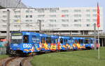 Rheinbahn AG, Wagennummer: 4220+4218(Werbung: ERGO/EM2024 Spanien+Albanien), Linie: U78 von/nach Düsseldorf Hbf, Ort: Wendeschleife Merkur-Spielarena/Messe Nord, Datum: 28.02.2024