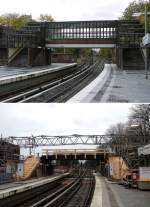 Rekonstruktion: der Übergang zwischen den beiden Bahnsteigen der Hamburger U-Bahnstation  Kellinghusenstraße  - ein Architekturjuwel der 20er Jahre - wird von der HHA gerade originalgetreu rekonstruiert. Oben vor und unten während der Sanierung im Frühjahr 2014.