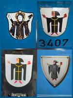 Eine Kollage der Münchner Kindl Wappen welche ich auf den historischen Straßenbahn entdecken konnte beim Tag der offenen Türe am Betriebshof der MVG in der Einsteinstrasse zum 150