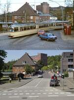 Zum Abschluss meiner  Zeitreise  durch Kiel noch eine Aufnahme des GT6 267, der am 27.04.1985 die Schleife Wellingdorf verlässt, darunter der Blick, der sich mir von der selben Stelle am