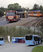 Spurensuche bei der Wuppertaler Straßenbahn: Mitte der 1980er Jahre treffen sich in der Schleife Wieden ein Setra-Bahnbus und ein WSW-Achtachser der Serie 8001-8016 als Linie 601 in der